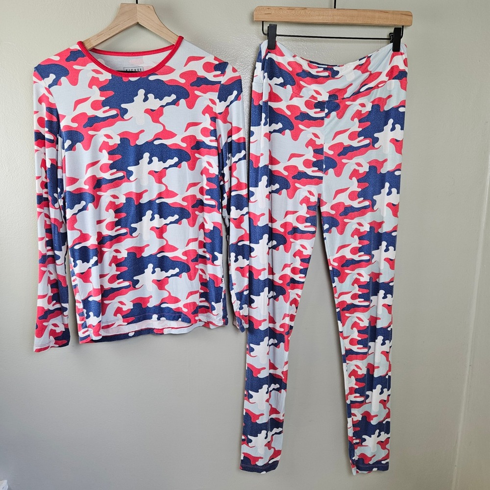 KicKee Bamboo Pajama Set Americana Camo Sz L Red Blue Long Sleeve Top Bottom